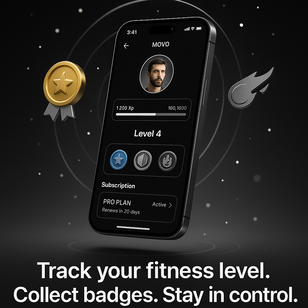 Profile tab with XP bar and badge icons